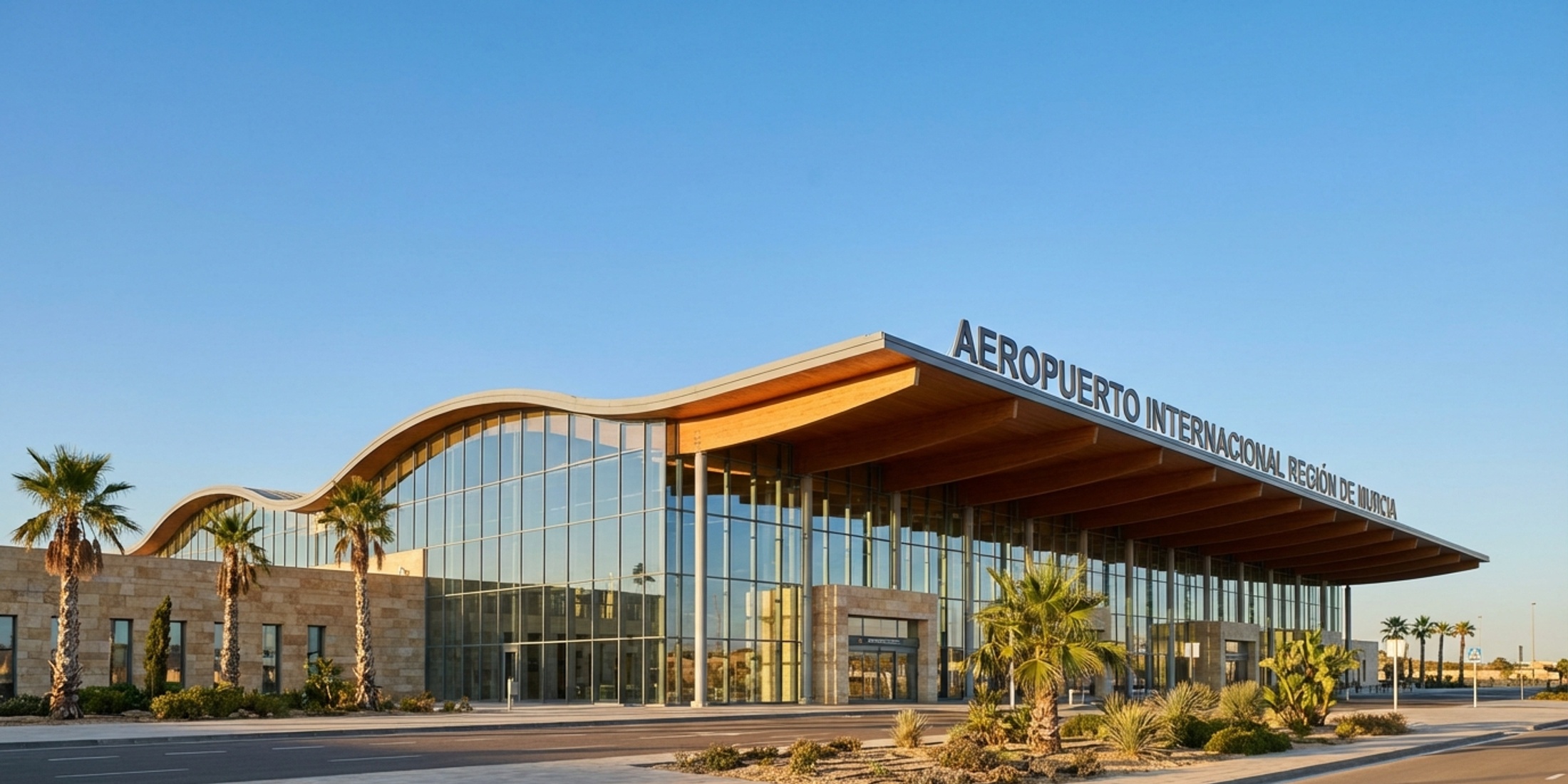 Moderne architectuur van luchthaven Corvera RMU onder een blauwe Spaanse lucht