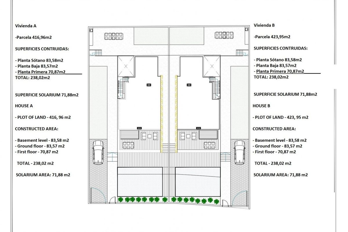 Situatieplan voor twee villa's, inclusief gebieddetails en indeling in Torrevieja, Costa Blanca Zuid.