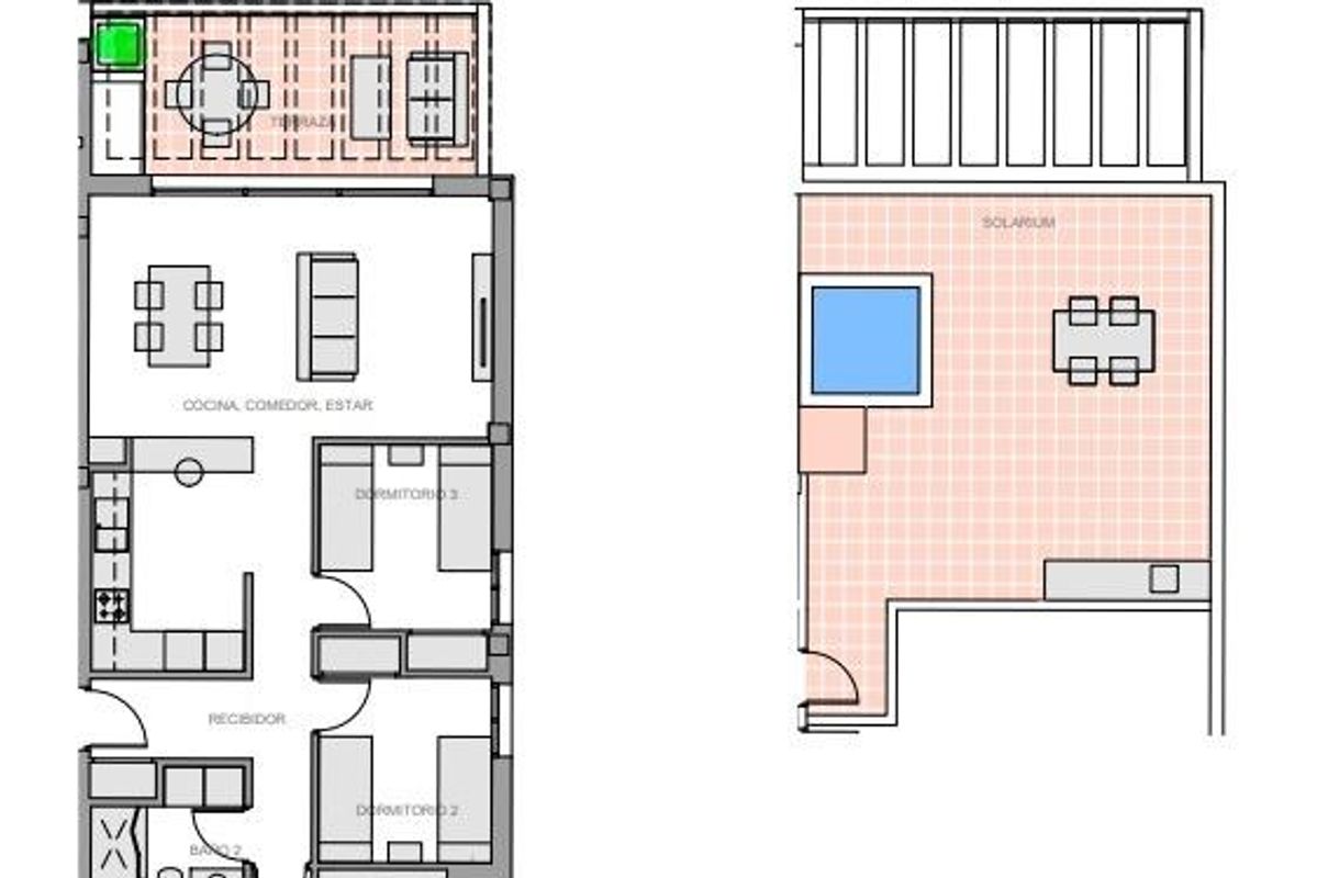 Plattegrond van een 3-slaapkamer penthouse met moderne indeling en ruim terras in Guardamar del Segura.