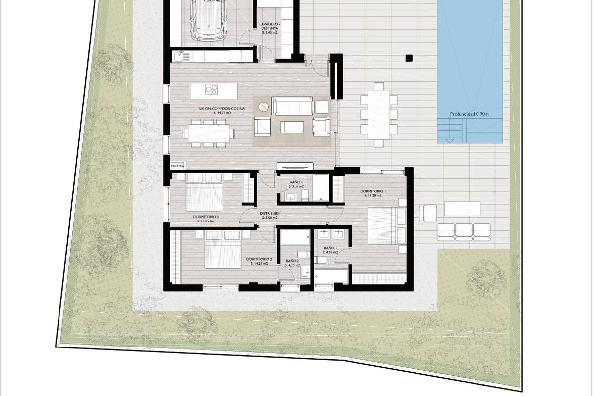Plattegrond van de indeling van een 3-slaapkamer villa in San Pedro del Pinatar, met afmetingen van de kamers.