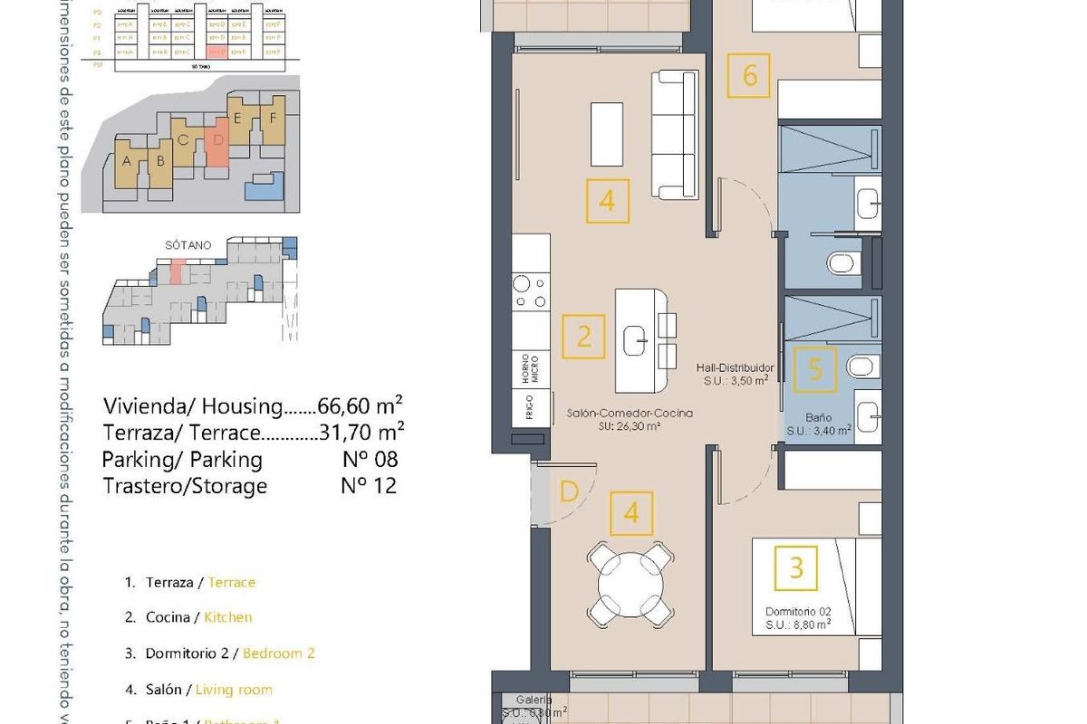 Vloerplan van een 2-slaapkamer appartement op de begane grond, gedetailleerde indeling in Los Alcazares, Costa Calida.