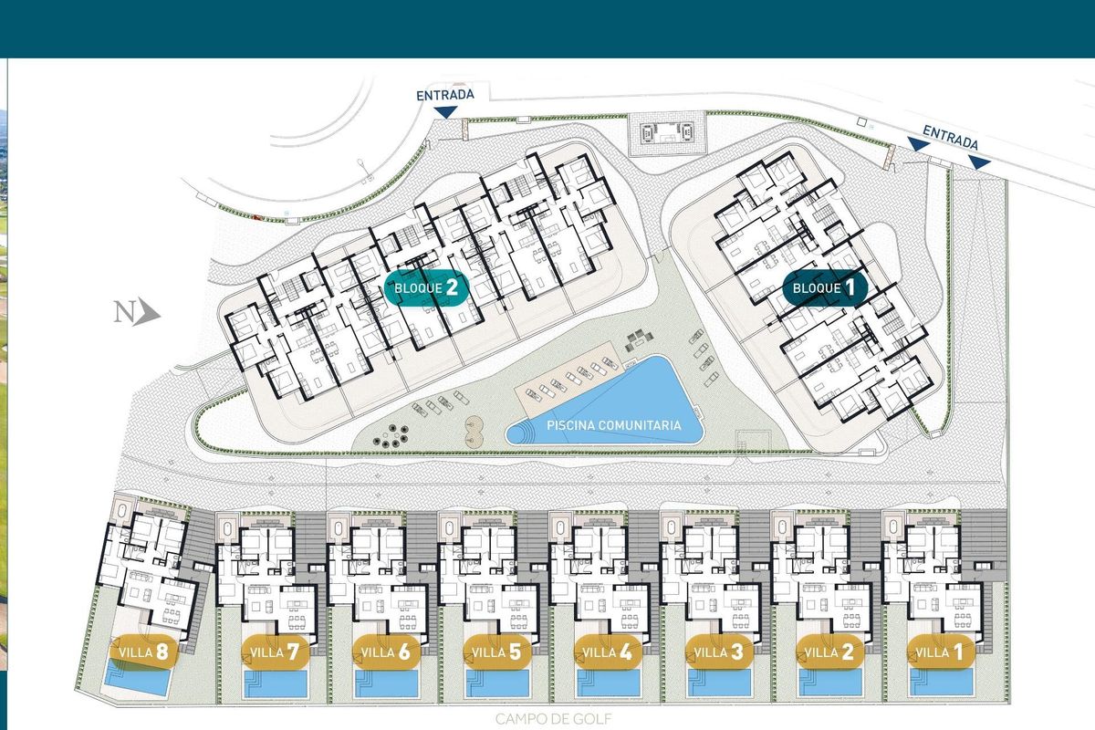 Gemeenschapsindeling met penthouses en villa's rond een centraal zwembad nabij Los Alcazares, Costa Calida.