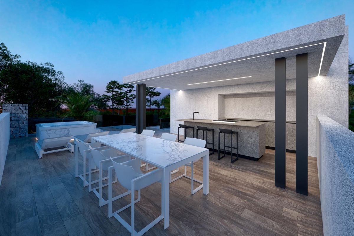 Stijlvol buitendinergebied met een barbecue in een hedendaagse villa, gelegen in de schilderachtige regio Torre Pacheco.