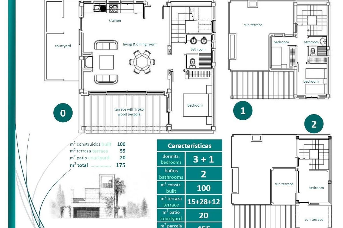 Plattegrond van een vier-slaapkamer villa in Sucina, Costa Calida, met indeling van woonruimtes en keuken.