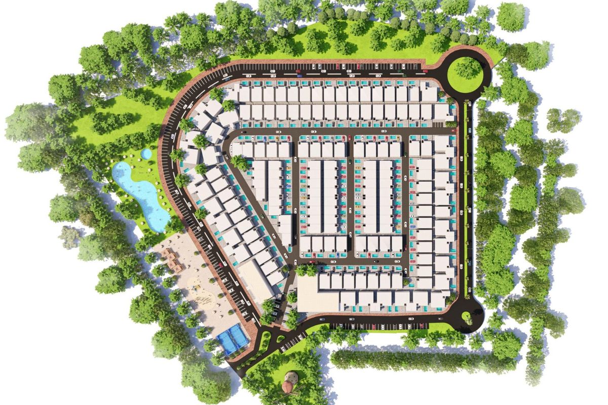 Luchtfoto van de gemeenschapsindeling in Fuente Álamo, met bungalows, tuinen en zwembaden.