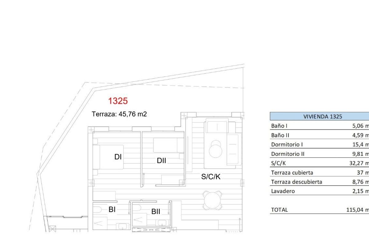 Gedetailleerde plattegrond van een appartement met 2 slaapkamers in San Miguel de Salinas, met afmetingen van leefruimtes.