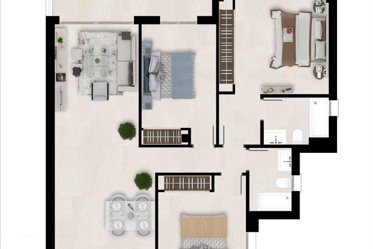 Vloerplan van een 3-slaapkamer appartement in Estepona, dat de indeling en het ontwerp van de ruimtes toont.