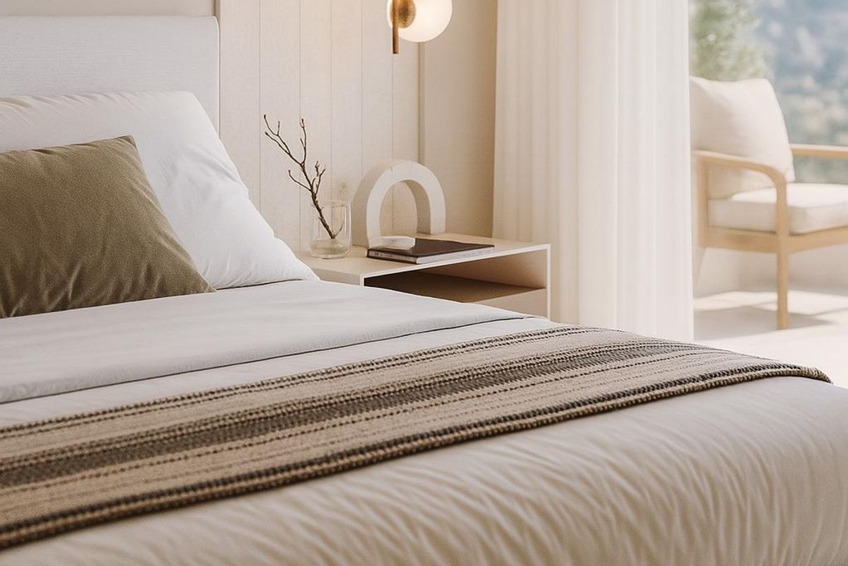 Stijlvolle slaapkamer in een 2-slaapkamer appartement, Fuengirola, met moderne decoraties en natuurlijk licht.