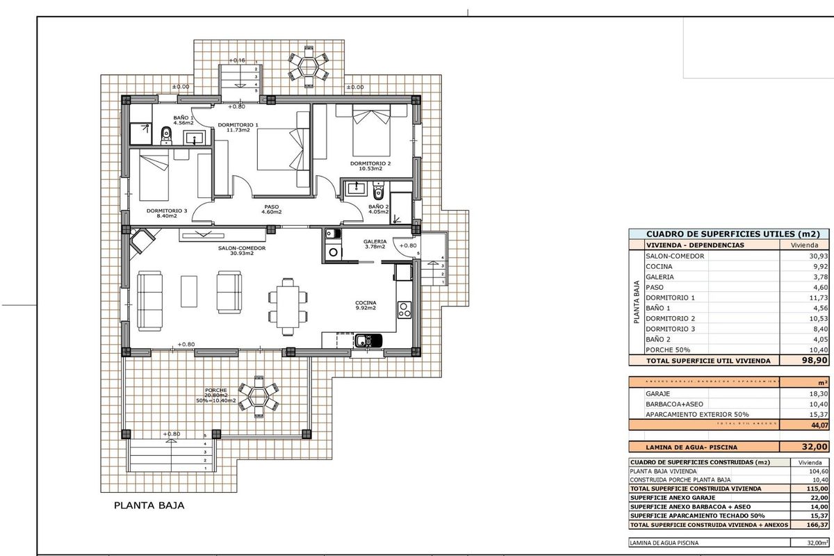 Gedetailleerde plattegrond van een 3-slaapkamer villa in Pinoso, Costa Blanca Zuid, Spanje.