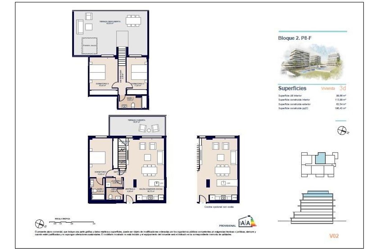 Plattegrond van een 3-slaapkamer penthouse in Villajoyosa, met afmetingen en indeling.
