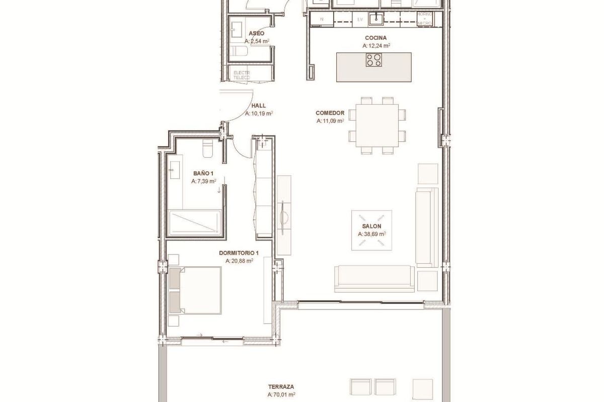 Plattegrond van een 3-slaapkamer appartement op de begane grond in Estepona, met indeling en afmetingen.