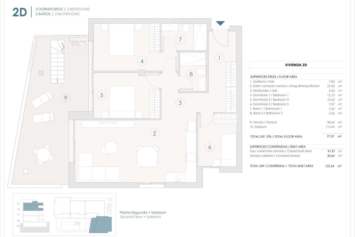 Plattegrond van een penthouse met 3 slaapkamers in Benijofar, met details van de indeling en kamerspecificaties.