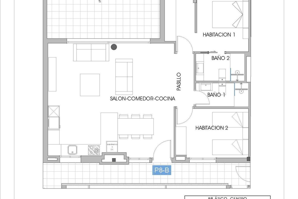 Plattegrond van een 2-slaapkamer penthouse, met details van de indeling en ruimtes in Villajoyosa, Costa Blanca.