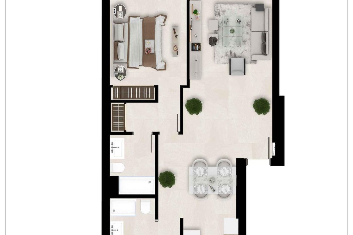 Plattegrond van een stijlvol 2-slaapkamer penthouse, met woon- en slaapkamers in Estepona.