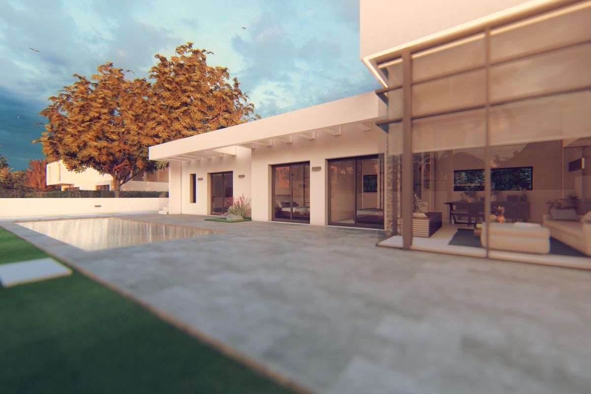 Buitenterras van de 3-slaapkamer villa in Ciudad Quesada, met een zwembad op de achtergrond.