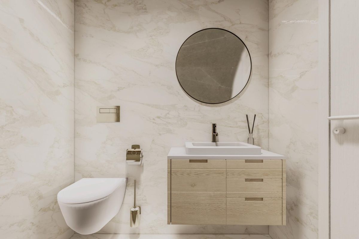 Stylish bathroom featuring wooden cabinetry in a 3-bed villa, Baños y Mendigo, Costa Calida, Spain.