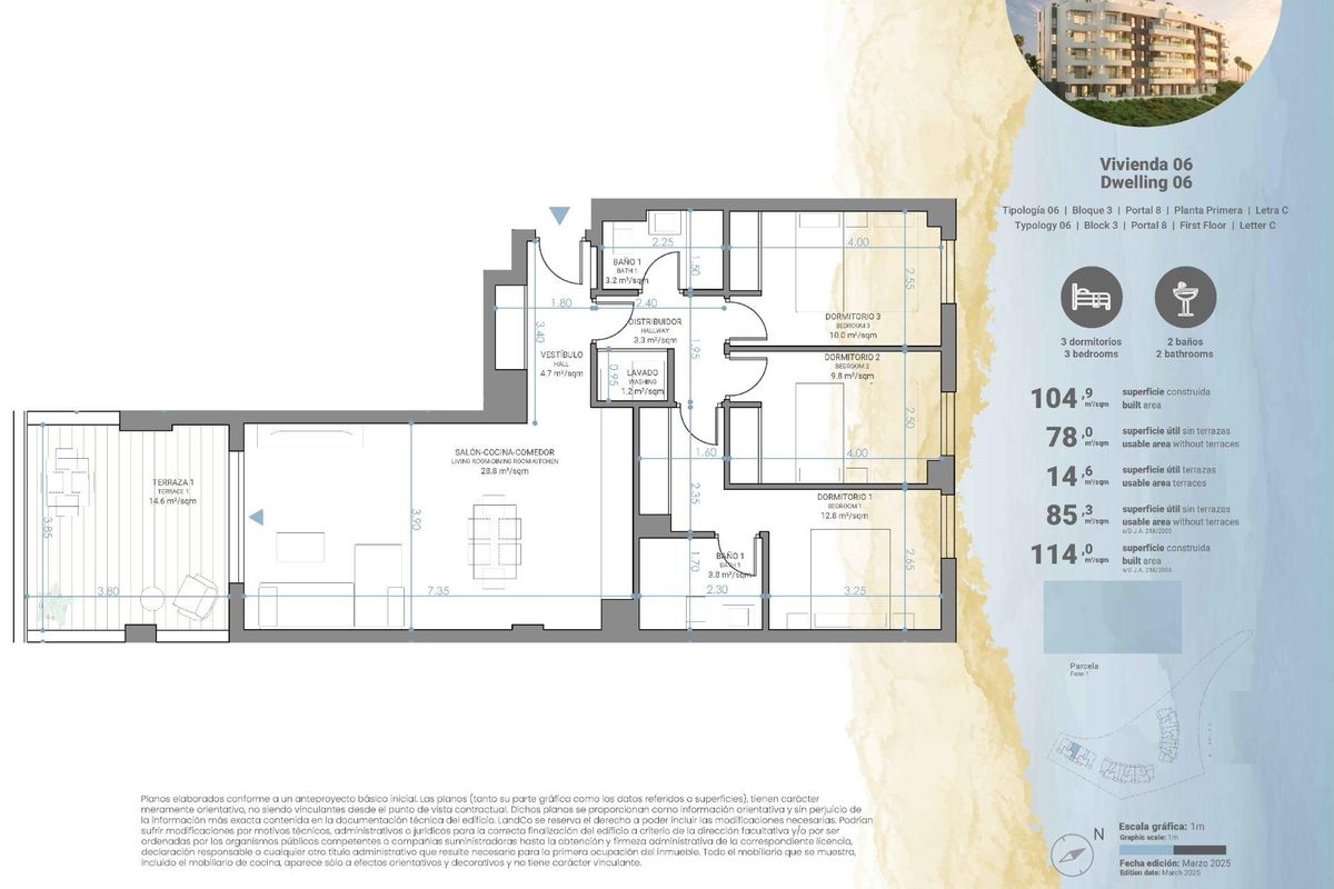 Plattegrond van een 3-slaapkamer appartement in Mijas, Costa del Sol, met lay-out en afmetingen voor potentiële kopers.