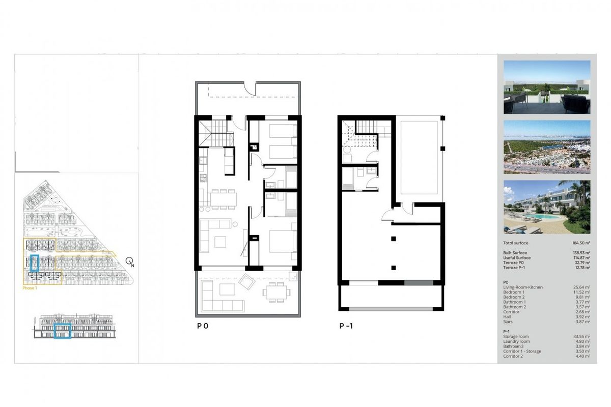 Gedetailleerde plattegrond van een 2-slaapkamer bungalow in Torrevieja, met woonruimtes en indelingsopties.