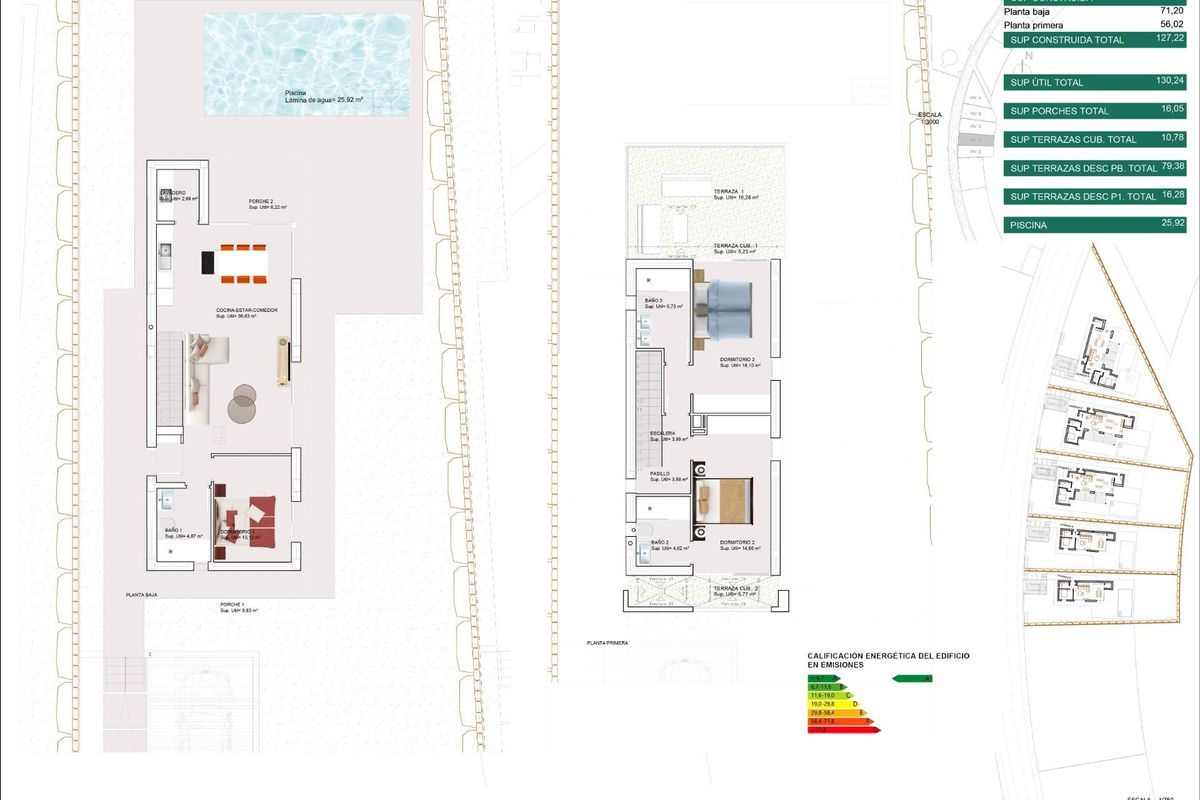 Gedetailleerde plattegrond van de indeling van de 3-slaapkamer villa inclusief zwembad en tuin in Finestrat, Costa Blanca.