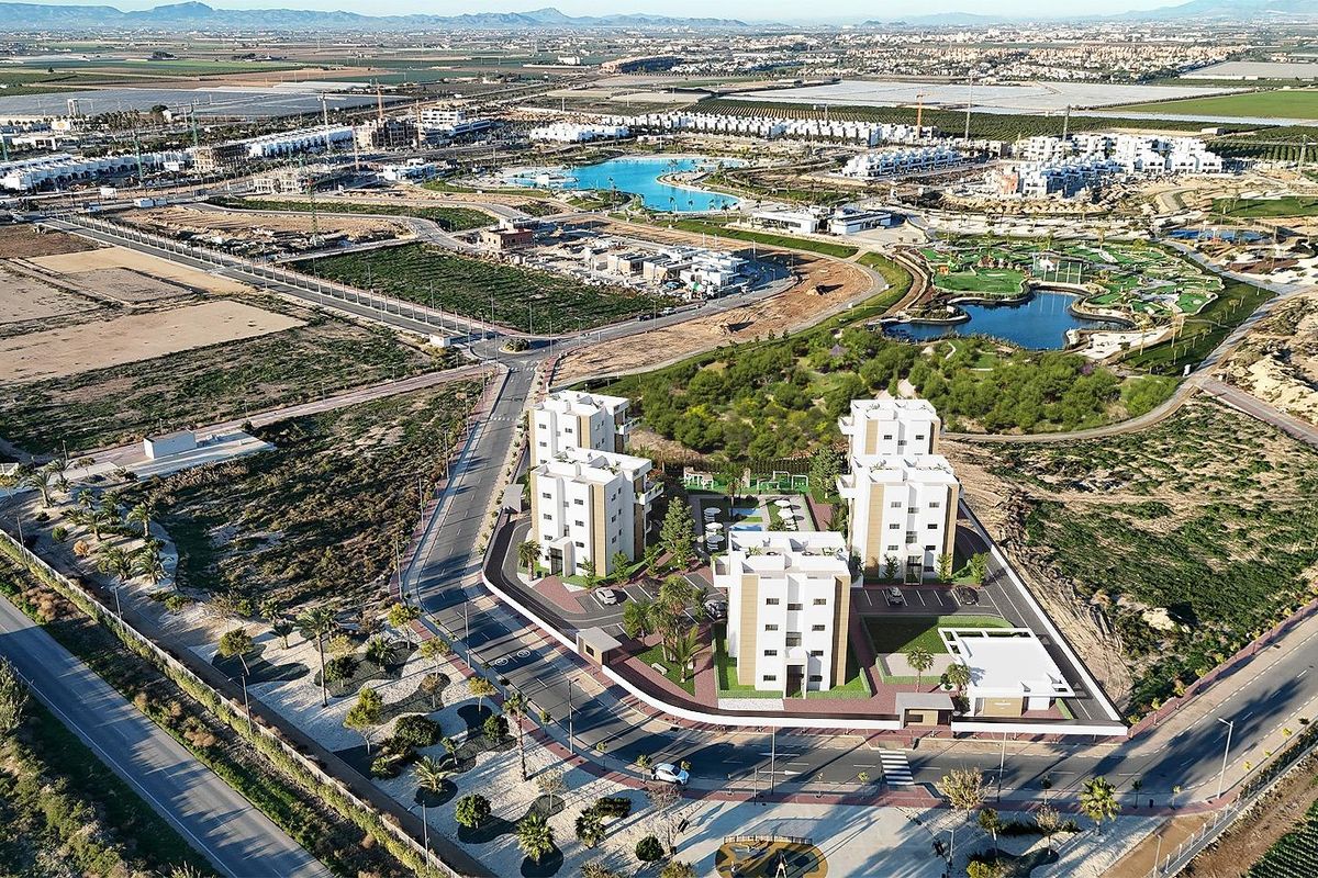 Luchtzicht van de woonwijk en nabijgelegen voorzieningen in Torre Pacheco, met het landschap en gebouwen.