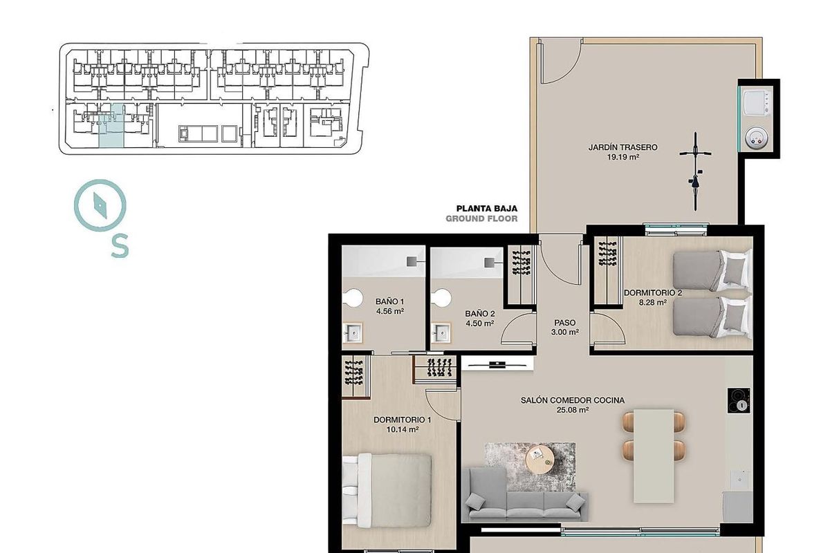 Plattegrond van een 2-slaapkamer appartement op de begane grond in Pilar de La Horadada, toont indeling en ruimtes.