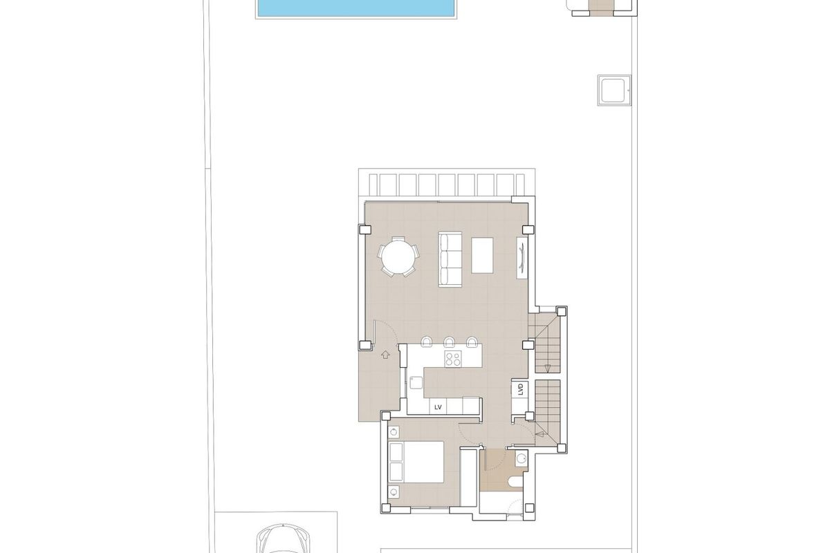 Plattegrond van de 4-slaapkamer villa met woonruimtes en zwembad, gelegen in Polop, Costa Blanca.