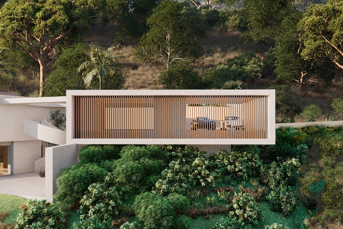 Bovenaanzicht van de luxe villa met zwembad, prachtig geïntegreerd in zijn omgeving in Benahavís.