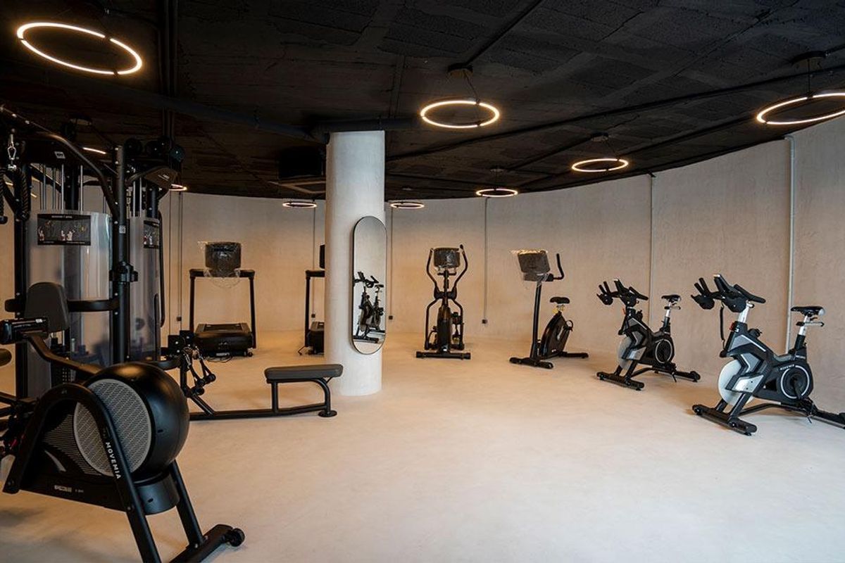 Heldere en luchtige fitnessruimte met grote ramen en groen, gelegen in het penthousecomplex in Marbella.