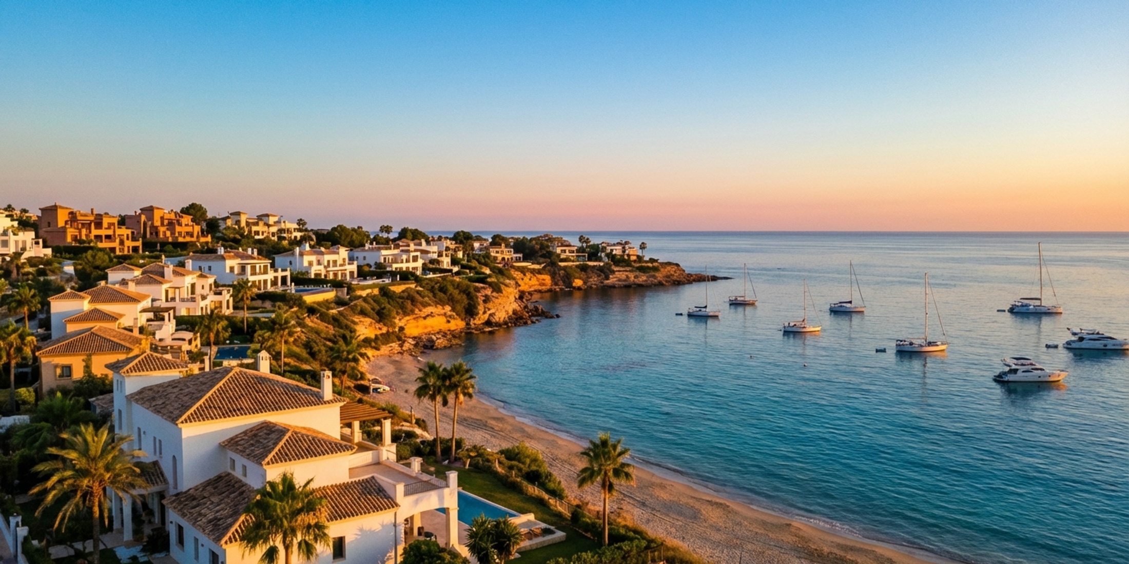 Panoramablick auf einen unberührten Strand der Costa Cálida bei Sonnenuntergang mit Booten im Wasser