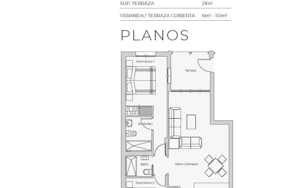 Plattegrond van een appartement met 2 slaapkamers, met terras en woonkamer benadrukt in Cuevas Del Almanzora.