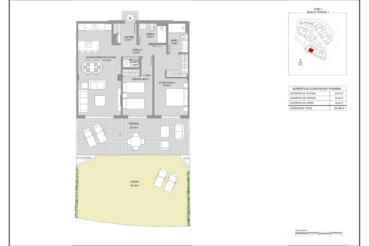 Gedetailleerde plattegrond van de indeling van een 2-slaapkamer appartement, die de ruimte in Mijas, Costa del Sol toont.