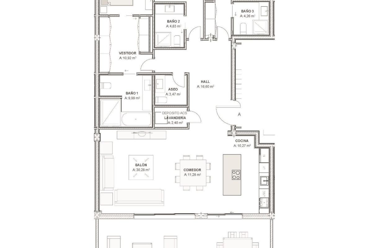 Plattegrond van een 3-slaapkamer penthouse in Estepona, met een ruime indeling voor modern wonen.