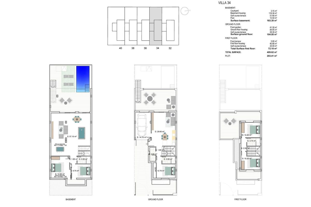 Plattegrond van een 3-slaapkamer townhouse in Los Alcazares, met de indeling en afmetingen van elk niveau.