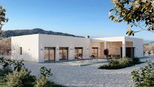 Exterior view of a 3-bed villa in Pinoso, Spain, showcasing modern architecture and landscaped garden.