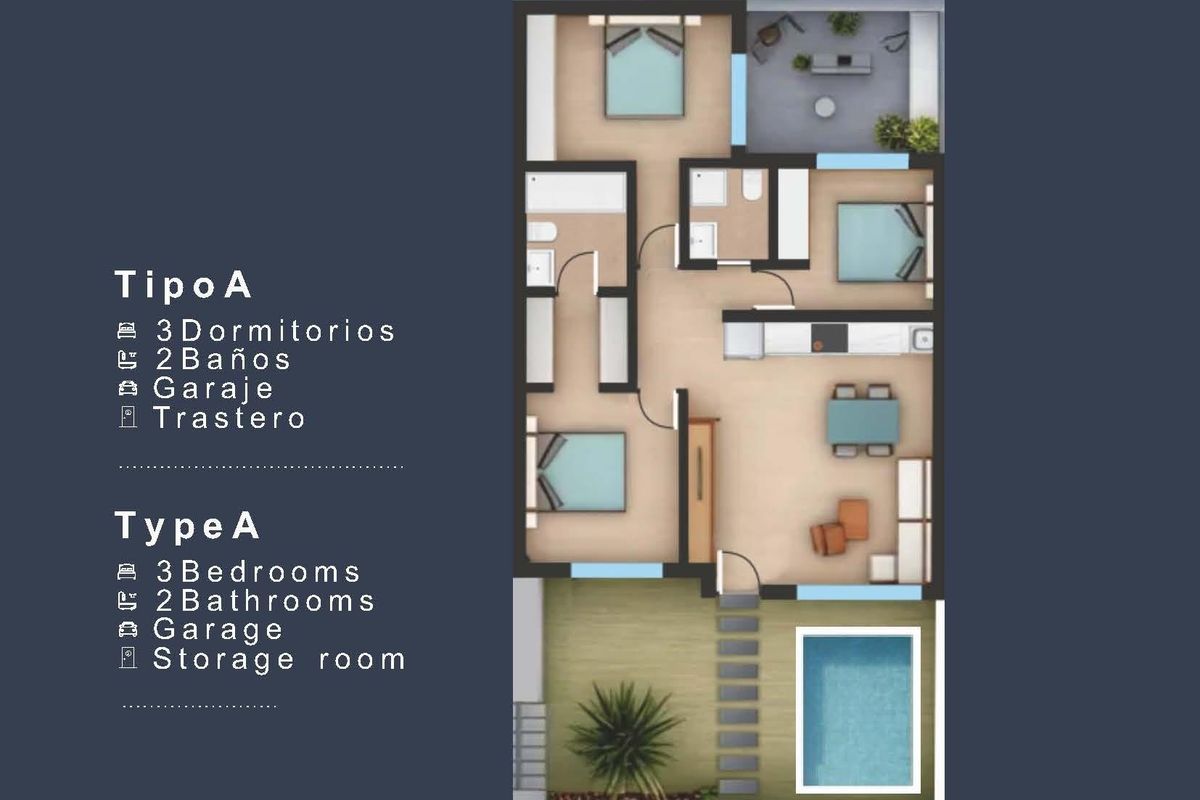 Plattegrond van een 3-slaapkamer appartement in San Pedro del Pinatar, met details van de kamerverdeling.