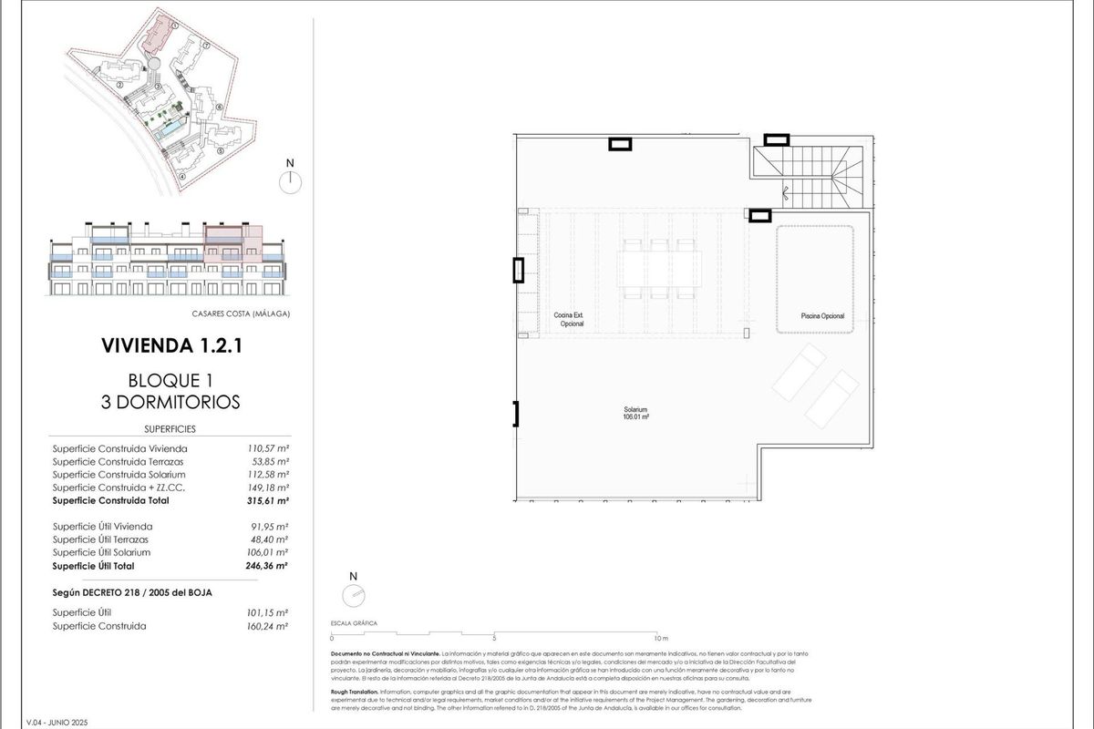 Plattegrond die het terras en gemeenschappelijke ruimtes van een modern 3-slaapkamer penthouse in Casares, Costa del Sol toont.