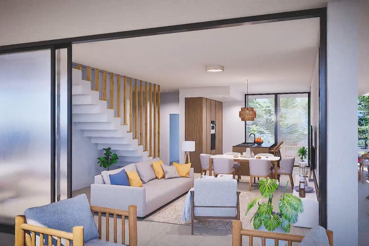 Chique keuken met een ontbijtbalkon en uitzicht op de buitenlucht in een duplex appartement in Cartagena.