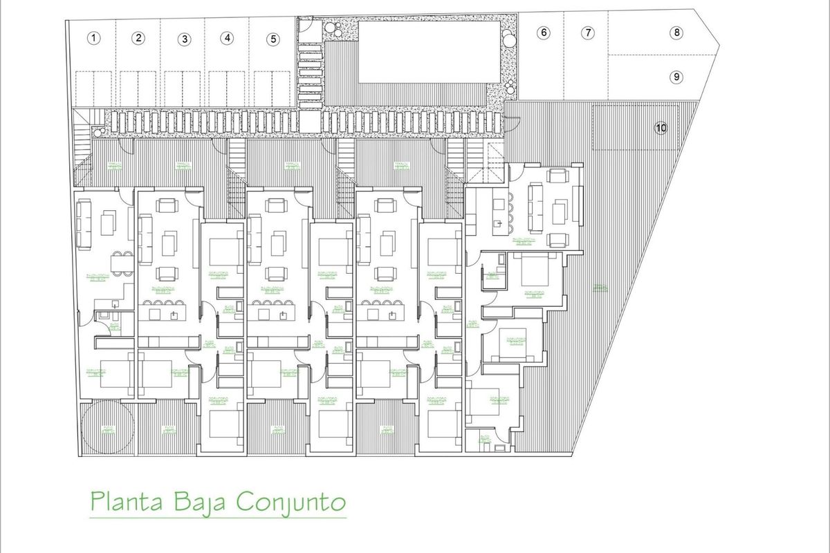 Begane grond indeling van een modern appartementcomplex in San Pedro del Pinatar, met meerdere 3-slaapkamer opties.