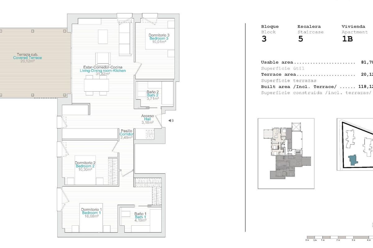 Plattegrond van het 3-slaapkamer appartement in El Verger, met details over de indeling en afmetingen voor potentiële kopers.