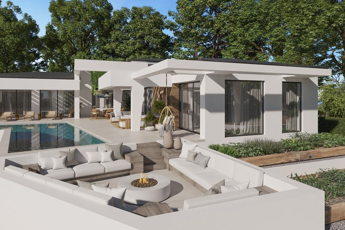 Moderne 4-slaapkamer villa-exterieur met zwembad en zitgedeelte in Marbella, Costa del Sol.