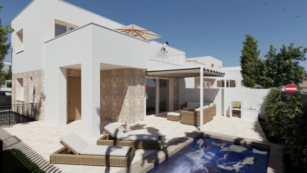 Buitenzicht op een moderne villa met 3 slaapkamers, zwembad en terras in Hondón de las Nieves, Costa Blanca.