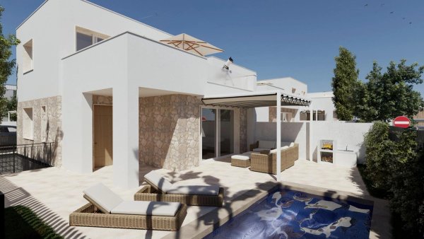Buitenzicht op een moderne villa met 3 slaapkamers, zwembad en terras in Hondón de las Nieves, Costa Blanca.