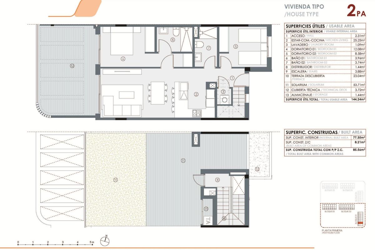 Plattegrond van het 2-persoons penthouse, met een ruime indeling en modern ontwerp in Torrevieja, Costa Blanca.