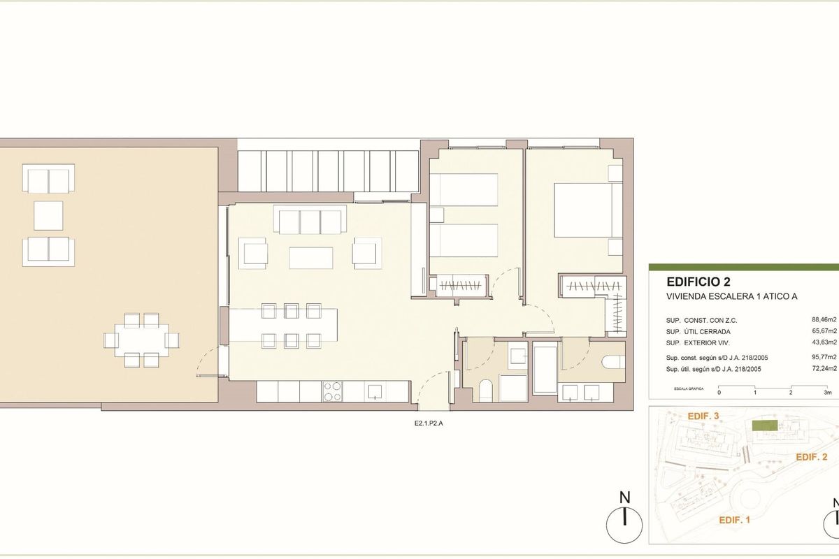 Plattegrond van een 2-slaapkamer penthouse in Casares, Costa del Sol, die de indeling van de woonruimtes en slaapkamers toont.