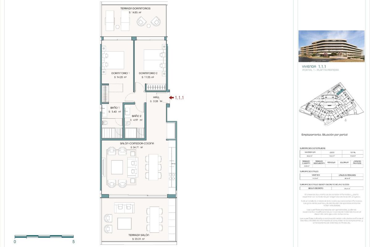 Plattegrond van een 2-slaapkamer appartementindeling in Estepona met gedetailleerde afmetingen.