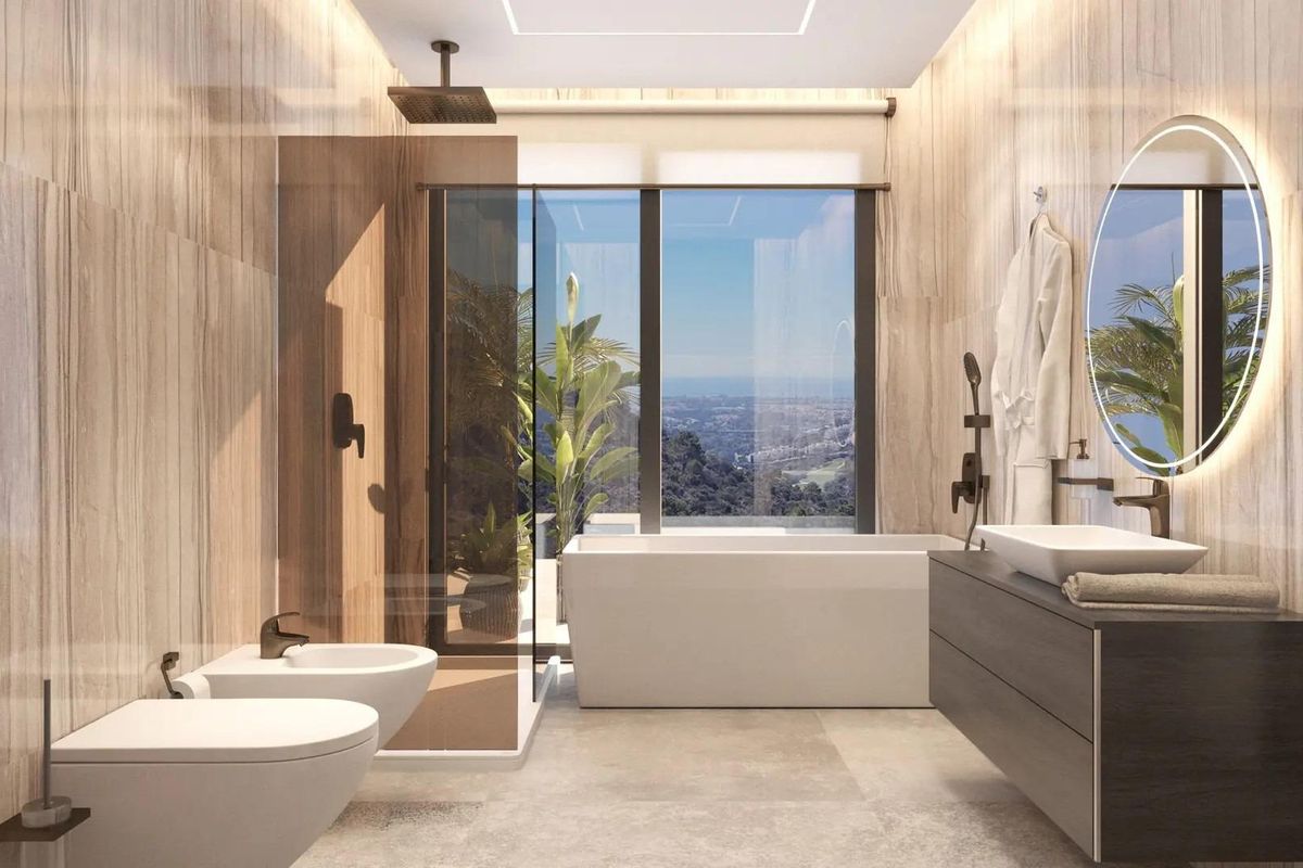 Luxe badkamer met moderne accessoires en een prachtig uitzicht in een stijlvol 6-slaapkamer villa in Benahavís.