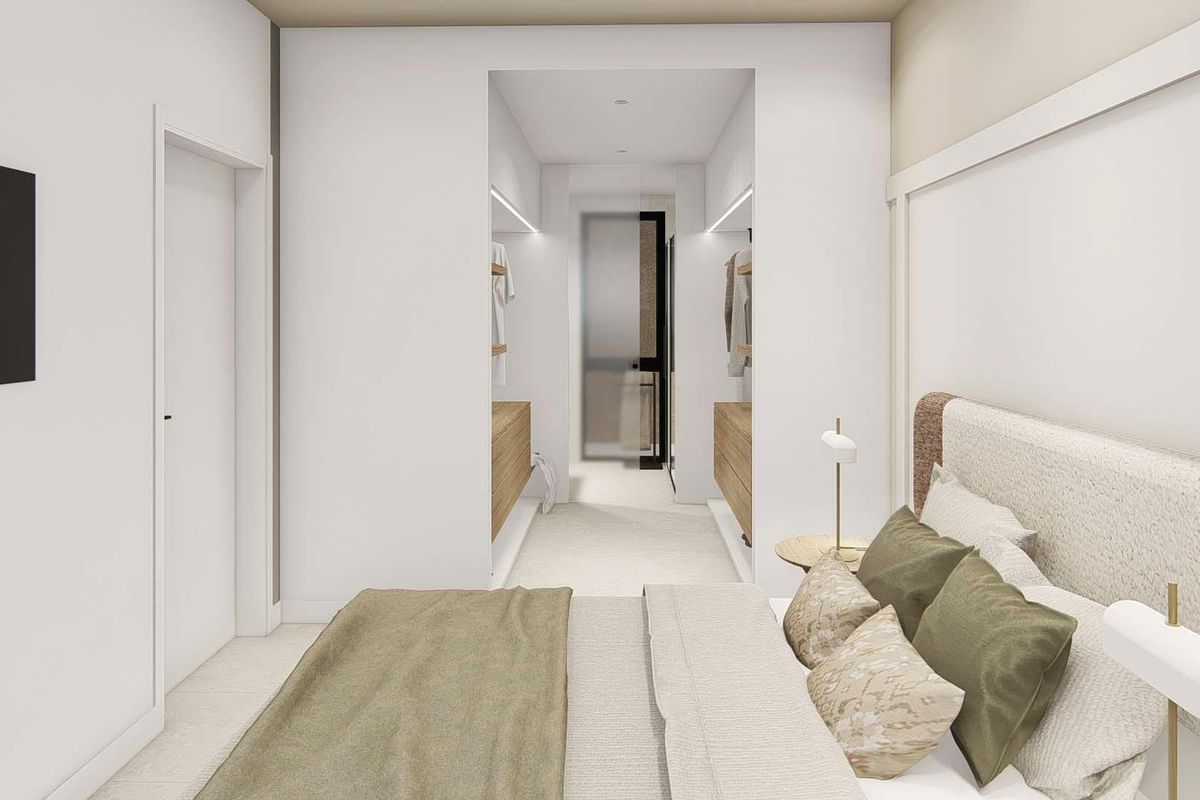 Ruimtelijke slaapkamerindeling met een bed en kast in een 3-slaapkamer bungalow in Dolores, Costa Blanca Zuid.