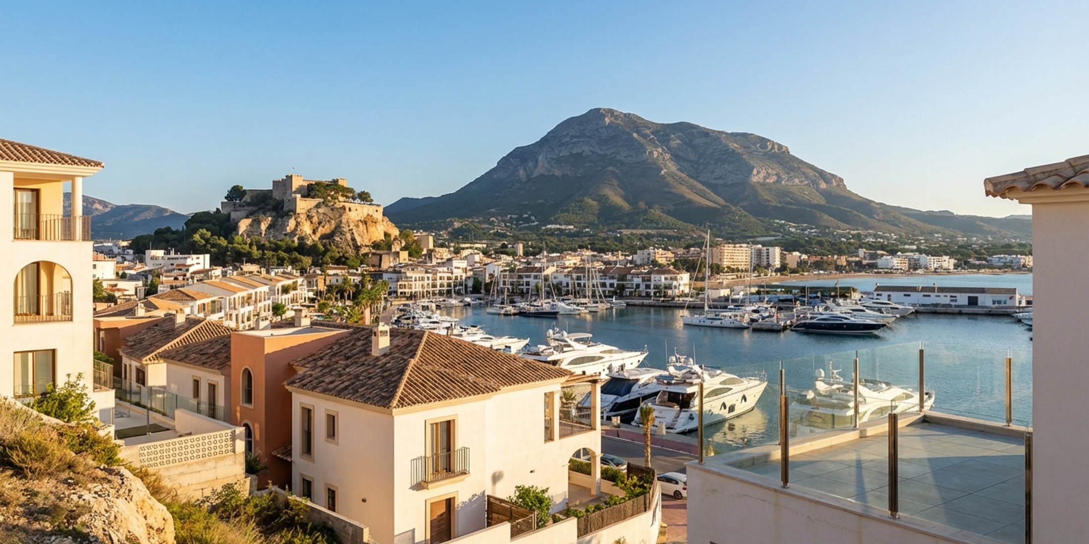 Panoramisch uitzicht op de haven en het kasteel van Denia met de Montgó berg op de achtergrond