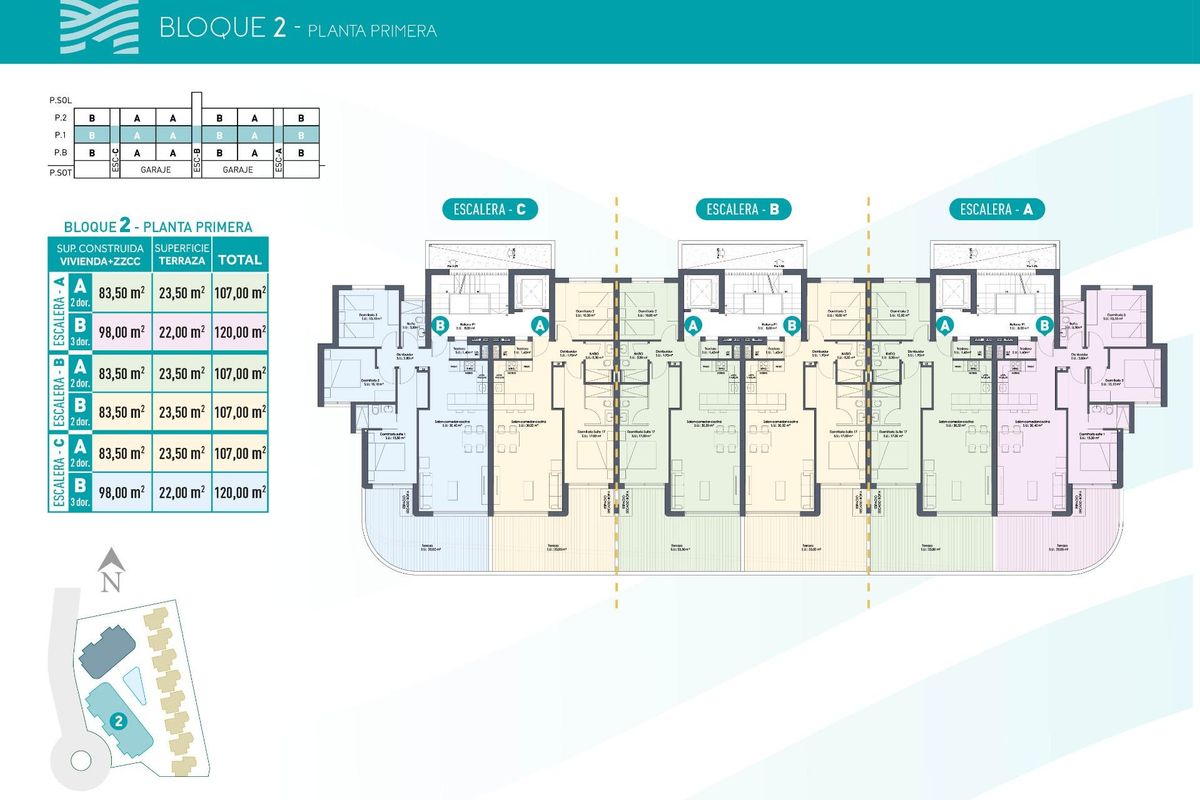 Plattegrond van het 2-slaapkamer appartement in Blok 2, Costa Calida, Spanje.