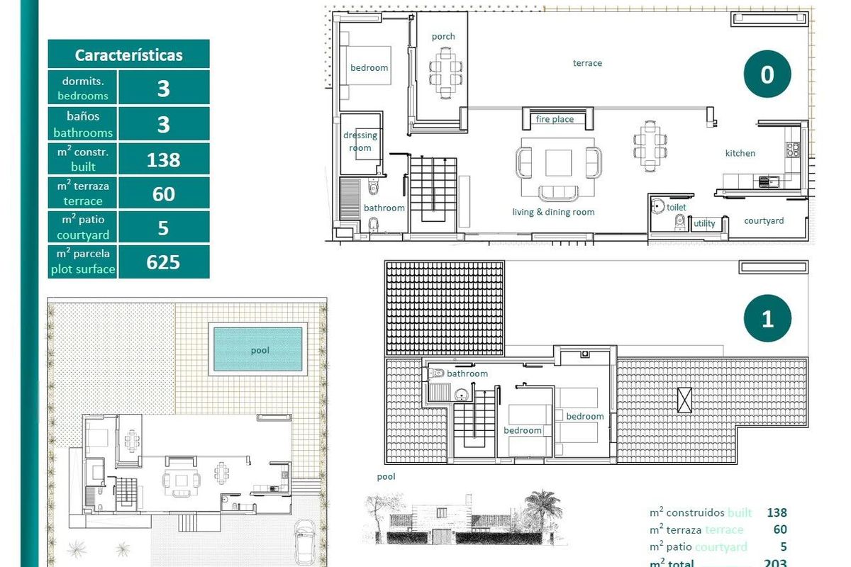 Gedetailleerde plattegrond van een 3-slaapkamer villa in Sucina, Costa Calida, met indeling en afmetingen.